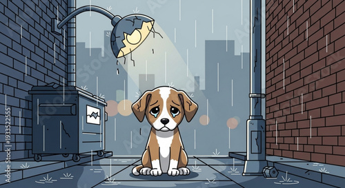 Sad puppy sitting alone on rainy city street with streetlight