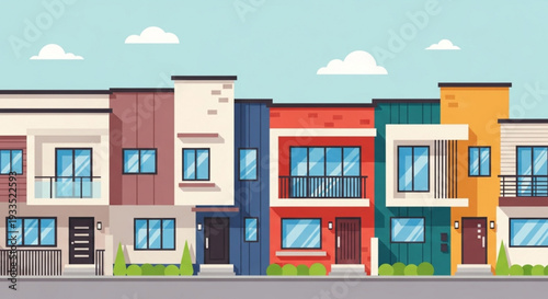 Colorful modern townhouses with balconies and green spaces under a blue sky with clouds