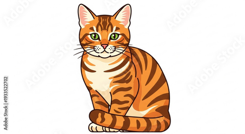 Cute orange tabby cat sitting calmly looking forward with green eyes on white background