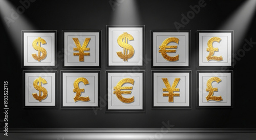Golden currency symbols on display with spotlights shining down on them in a dark room with a metallic floor