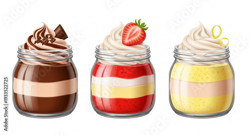 Three glass jars of chocolate strawberry and lemon desserts with whipped cream toppings on white background