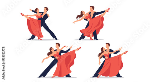 Four elegant couples in red dresses and dark suits perform various dynamic ballroom dance poses on a pristine white background.