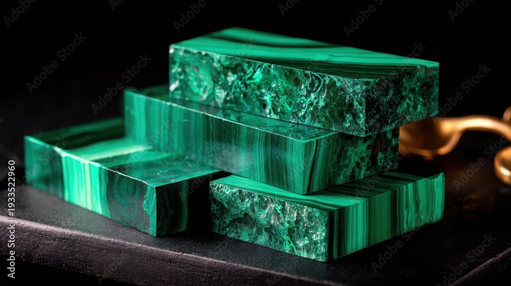 Fototapeta premium Stack of Polished Malachite Pieces Displaying Vibrant Green Hues and Natural Textures
