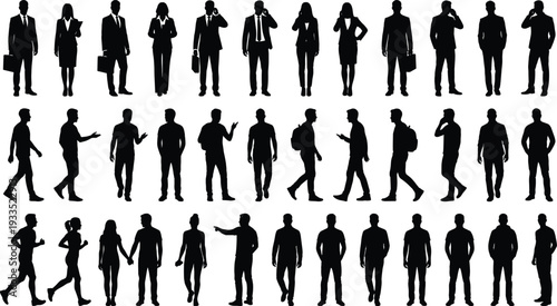 Set of business people silhouettes, professional men and women walking, running, standing, and talking in various poses for vector design