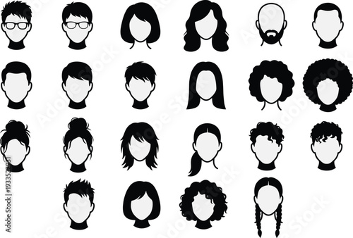 Collection of diverse avatar head silhouettes featuring various hairstyles and accessories, flat vector icons for user profile representation, persona design