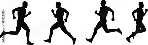 Set of black silhouettes of a male athlete running in different poses, isolated on a white background, vector illustration
