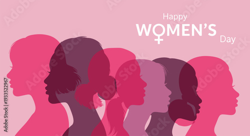 Happy International Women's Day background with diverse female silhouettes in pink and purple colors for empowerment and gender equality