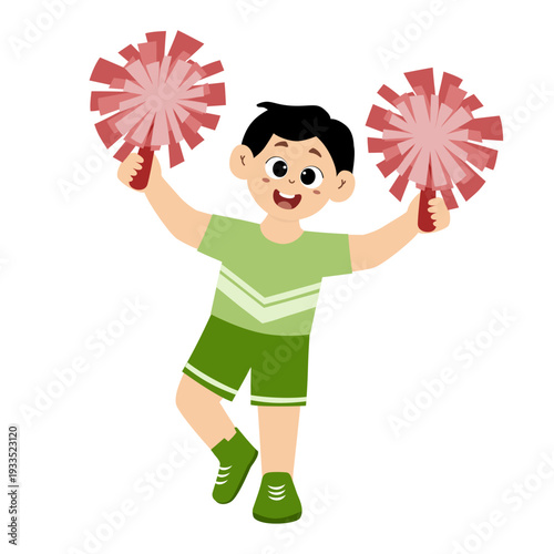 Cute little boy wearing a cheerleading uniform with pom-poms in her hands. vector illustration.