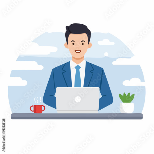 パソコン作業するサラリーマン白背景ベクター
