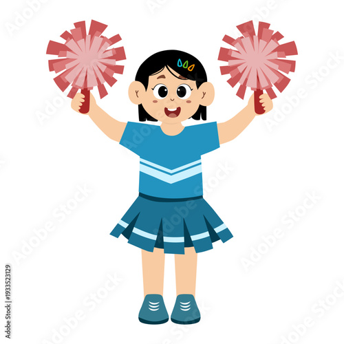 Cute little girl wearing a cheerleading uniform with pom-poms in her hands. vector illustration.