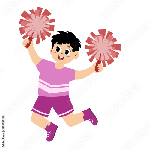 Cute little boy wearing a cheerleading uniform with pom-poms in her hands. vector illustration.
