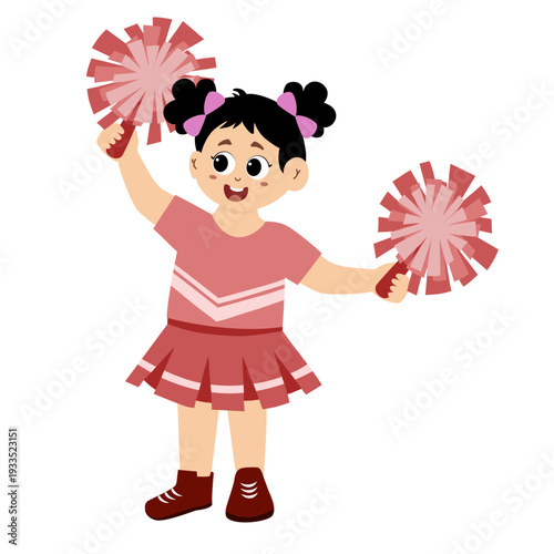 Cute little girl wearing a cheerleading uniform with pom-poms in her hands. vector illustration.