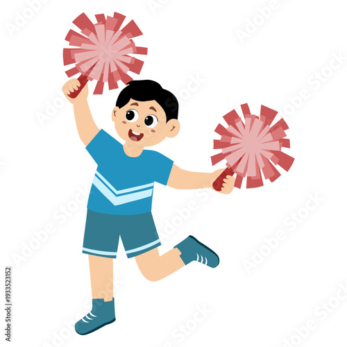 Cute little boy wearing a cheerleading uniform with pom-poms in her hands. vector illustration.