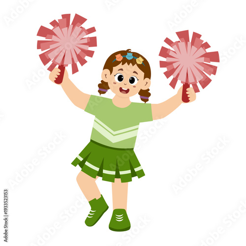 Cute little girl wearing a cheerleading uniform with pom-poms in her hands. vector illustration.