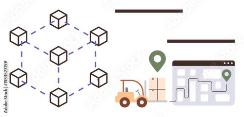 Blockchain technology, supply chain management, logistics optimization, inventory tracking, transportation efficiency, digital maps. Network of connected blocks and a forklift with a route map