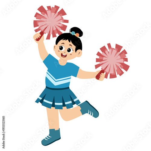 Cute little girl wearing a cheerleading uniform with pom-poms in her hands. vector illustration.