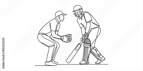 A line drawing illustration of a cricket batsman and a wicketkeeper in action on the field Vector, illustration