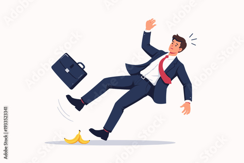 Businessman in a formal suit slipping on a yellow banana peel and falling down, losing his briefcase and papers, concept of business failure, risk, accident, and unexpected mistake. Flat vector.