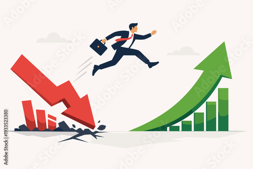 Businessman jumping from a crashing red stock market arrow to a rising green growth arrow, representing economic recovery, financial resilience, market volatility, and business success.