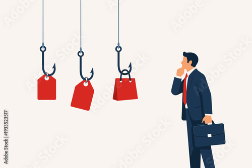 Businessman looking at fishing hooks with red sale tags and shopping bag bait. Concept of marketing traps, deceptive sales promotions, consumerism risks, and the lure of retail discounts.
