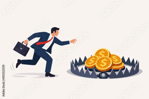 Businessman Running to Catch Gold Dollar Coins on a Bear Trap, Metaphor of Greedy Financial Risk, Bad Investment, Debt Trap, Business Danger, Money Scam, Temptation and Risky Venture Concept