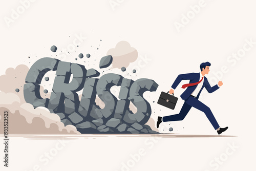 Businessman in a Suit Running Away from a Giant Crumbling Stone Word CRISIS, Concept of Economic Downturn, Financial Risk Management, Business Challenge, and Overcoming Obstacles in Career