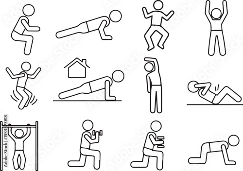 Line art of people performing various exercises. Fitness and workout icons