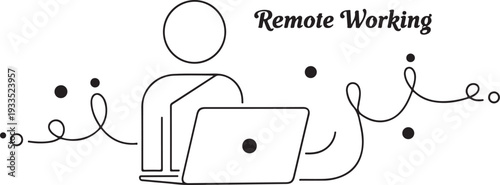 Remote working concept icon featuring person using laptop computer with abstract decorative swirls and dots on transparent background