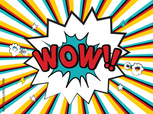 Pop art comic background with WOW exclamation in a speech bubble. Features colorful rays, stars, and lightning bolts in a vintage retro style.