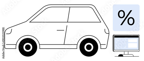 Car leasing, insurance calculation, financial services, online business, loans, digital tools. Minimal car design, percent sign computer. s car finance and insurance calculation