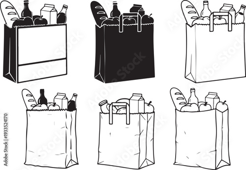 Shopping bags filled with groceries like bread milk apples and bottles, food purchase for home consumption