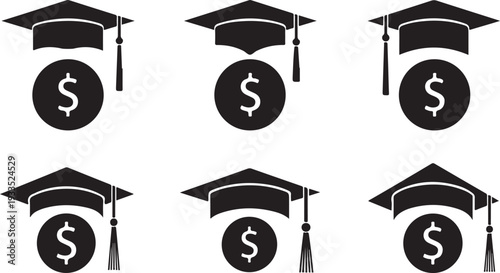 Educational scholarship and loan icon set featuring graduation caps and dollar coins for tuition funding financial aid academic success