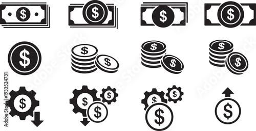 Money icons vector collection. black and white cash, coins, and financial transaction symbols on a transparent background