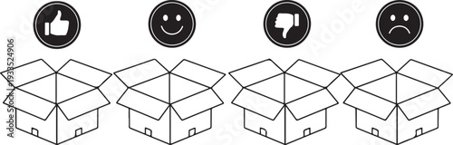 Four open cardboard boxes with rating icons above: thumbs up, smiley, thumbs down, sad face