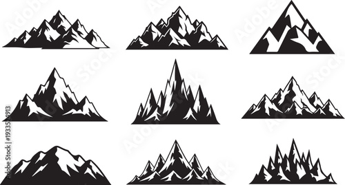 Collection of stylized mountain range silhouettes, representing nature, adventure and outdoor exploration