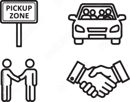 Carpooling and ride sharing concept icons with car passengers and handshake for efficient transportation and urban mobility solutions