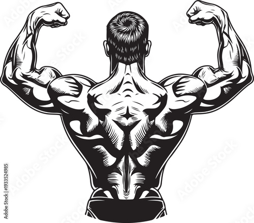 Strong male back view with muscular arms and powerful physique illustration for bodybuilding fitness and weightlifting motivation art