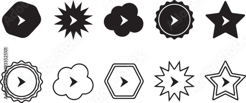 Collection of black geometric shapes and symbols with play button inside each on transparent background graphic design