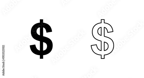 Black Solid and Outline Dollar Sign Vector Icons for Finance, Currency, Money, and Business Concepts on White Background