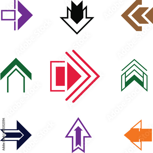 Varied directional arrow icons and abstract shapes in bold colors for UI design