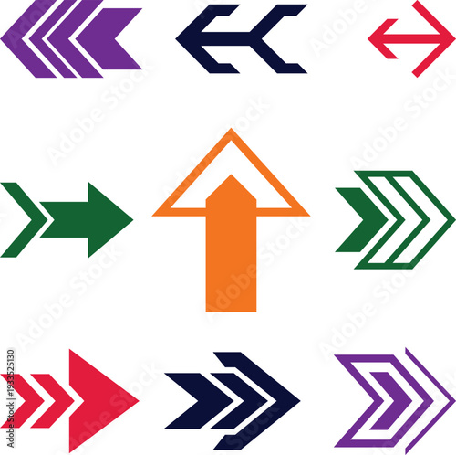 Bold, colorful arrow icons and abstract geometric shapes for digital interfaces