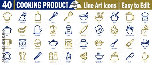 Cooking product line art icons. Featuring essential kitchen tools for culinary preparation, including appliances, utensils, and various gourmet equipment, vector illustration.