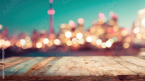 City skyline view from a wooden table at dusk in Toronto's waterfront area