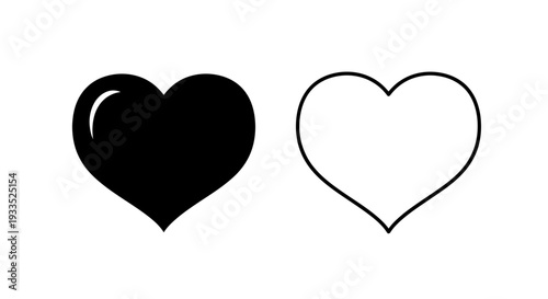 Set of 2 Heart Icons Vector: Black Solid and White Outline Design for Love, Health, Valentine's Day, and Favorite Concepts