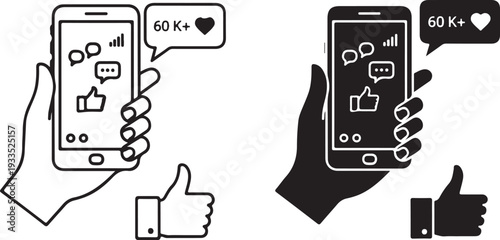 Hand holding smartphone showing social media feed with likes and comments notifications in outline and filled styles