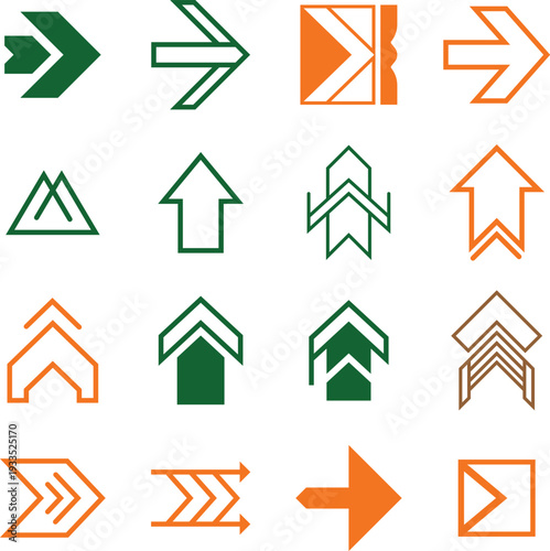 Set of Upward and Forward Arrow Icons in Green and Orange for Navigation and Progress