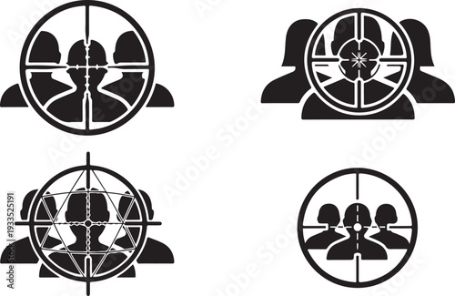 Targeting groups of people icons in crosshairs symbolizing focus audience selection and team management