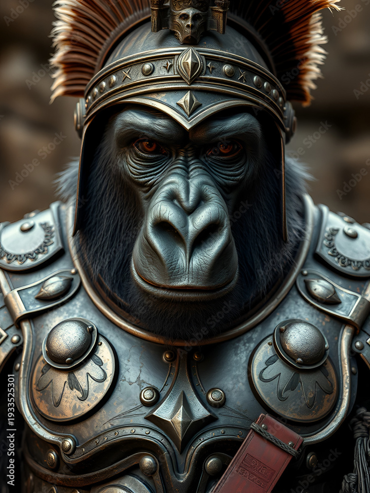 Obraz premium A close-up of a gorilla in Roman gladiator armor, intricate detailing on the breastplate and helmet, intense look