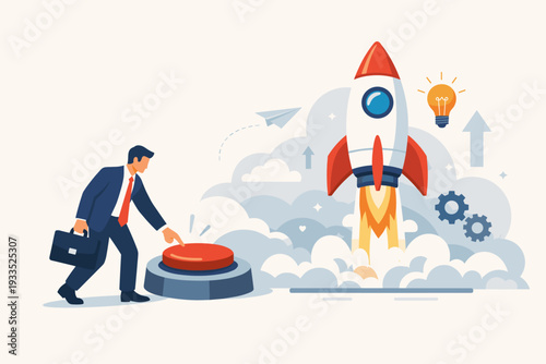 Businessman Pushing a Red Start Button to Launch a Rocket Representing a New Business Startup Project, Innovation, and Success. Flat Vector Illustration of Growth, Creative Ideas, and Leadership.