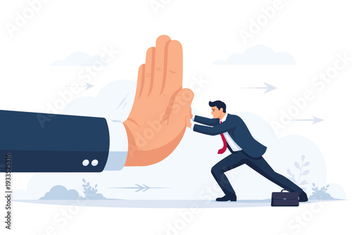 Determined Businessman Pushing Against a Giant Hand Symbolizing Business Obstacles, Resistance, and Challenges in Corporate Career, Fighting Strong Opponents, Market Barriers and Stop Gestures
